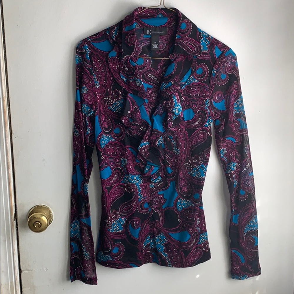 paisley pattered blouse with ruffle detail